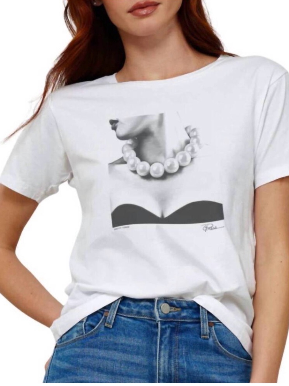 CPRESS STUDIO , Pretty Things, White Graphic Pearl Necklace Short Sleeve Tee